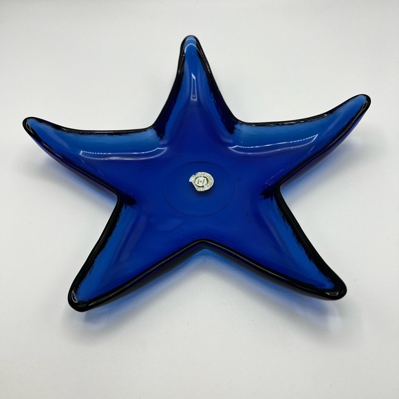 Other - Starfish Glass Bowl / Tray Cobalt Blue Ocean & Beach Themed W Original Sticker
